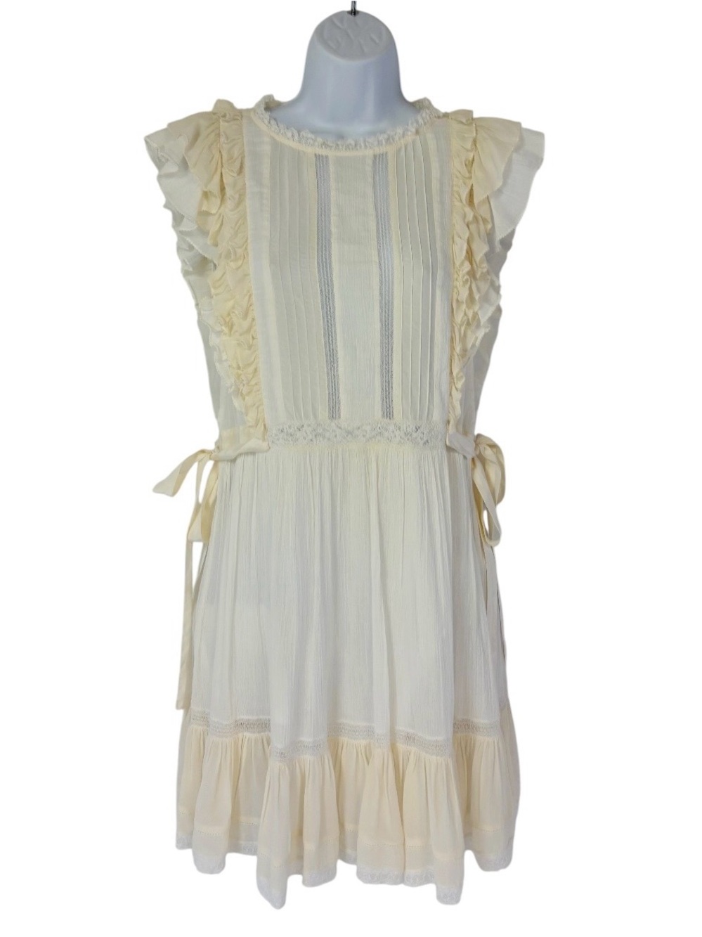 Ulla Johnson Cream Dress With Fluttery Sleeves and Lace Trim- Sz 2